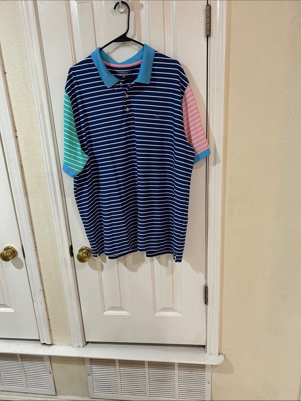 Crown and Ivy ' Striped Polo Shirt - Navy with Pink & Mint Sleeves